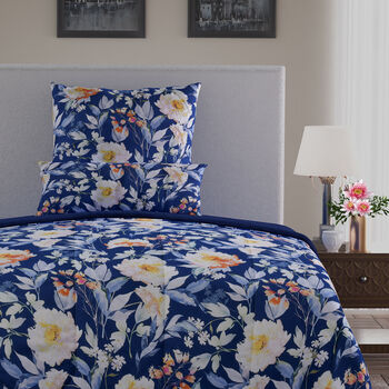 3er Set- Steppdecke und 2 Kissenbez&uuml;ge mit Floralem Muster, blau