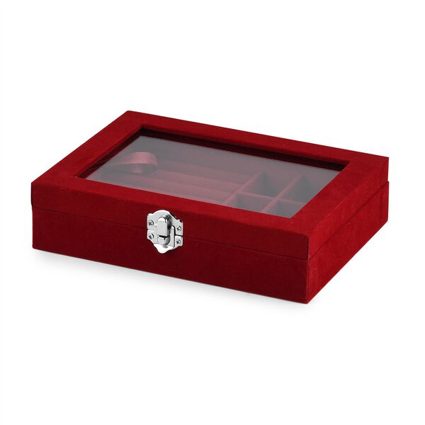 Elegante Schmuckbox aus edlem Samt mit Glasdeckel, 20x15x5 cm, Weinrot image number 3
