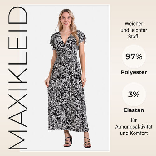 Gesmokter Maxikleid mit Volantärmeln, Beige mit Leopardenmuster, Einheitsgröße image number 1
