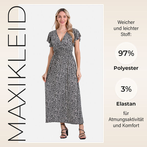 Gesmokter Maxikleid mit Volantärmeln, Beige mit Leopardenmuster, Einheitsgröße image number 1