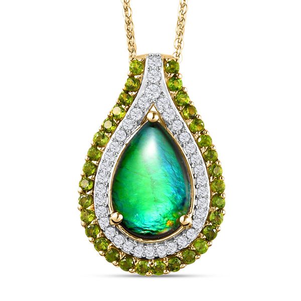 Kanadischer Ammolit und natürlicher Chromdiopsid-Anhänger mit Kette, 925 Silber Gelbgold Vermeil ca. 3,15 ct image number 0