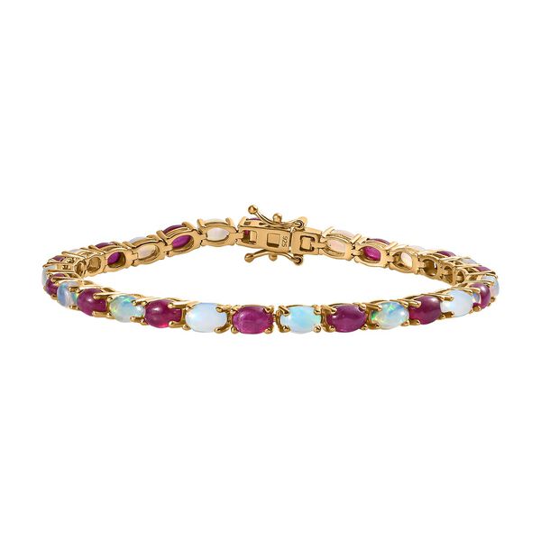 AA Afrikanischer Rubin (Fissure gef&uuml;llt), Nat&uuml;rlicher, &auml;thiopischer Welo Opal Armband ca. 19 cm 925 Silber 750 Gelbgold Vermeil ca. 15.61 ct