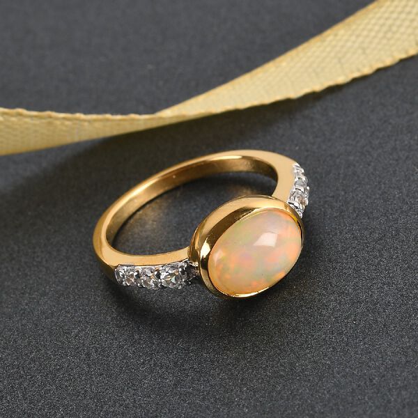 Nat&uuml;rlicher &Auml;thiopischer Opal und Zirkon Solit&auml;r Ring 925 Silber 585 Vergoldet image number 2