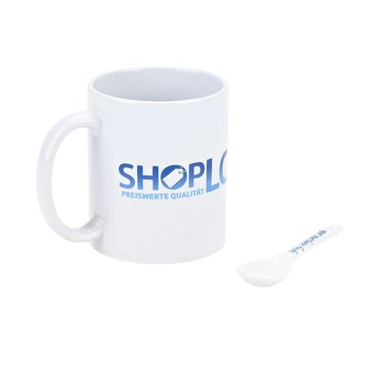 Keramik-Tassen-Set mit L&ouml;ffel und ShopLC-Logo, 8x9,5 cm (Tasse), 12 cm (L&ouml;ffel), Wei&szlig;