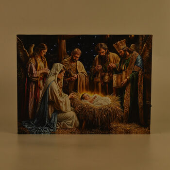 LED-Leinwandbild heilige Familie in der Krippe, mit 30 Lichtfasern, 30x40x1,8cm