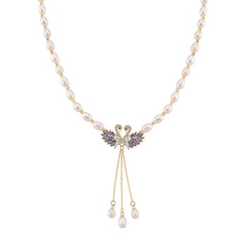 Wei&szlig;e S&uuml;&szlig;wasser Perle, Zirkonia Halskette, ca. 45cm + 2.5cm extender, Nickelfreies Messing gelb vergoldet