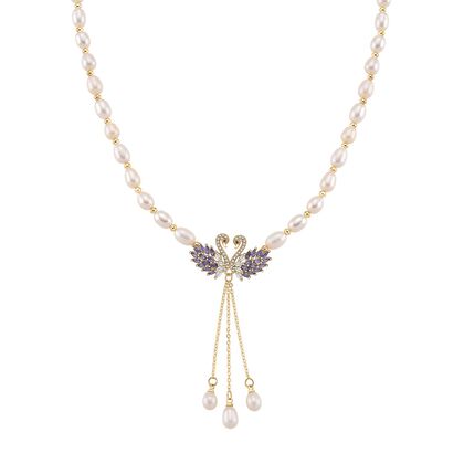 Wei&szlig;e S&uuml;&szlig;wasser Perle, Zirkonia Halskette, ca. 45cm + 2.5cm extender, Nickelfreies Messing gelb vergoldet