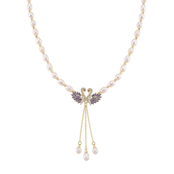 Wei&szlig;e S&uuml;&szlig;wasser Perle, Zirkonia Halskette, ca. 45cm + 2.5cm extender, Nickelfreies Messing gelb vergoldet