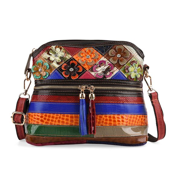 CHAOS BY ELSIE Leder Crossbody Tasche mit RFID Schutz und Rei&szlig;verschlussf&auml;chern 25.5 x 10 x 22 cm Multicolor Blumenmuster