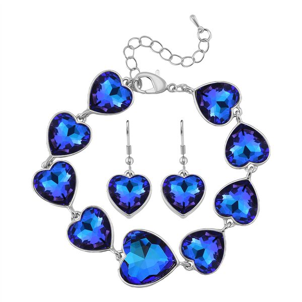 2er Set - Blauer Magie Farbe Kristall Armband und Ohrringe, Silberfarben