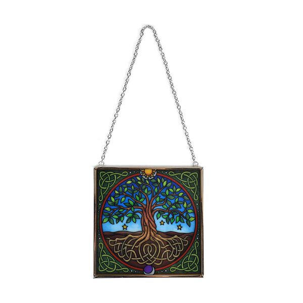 Handbemalter Glas-Sonnenfänger, Lebensbaum-Design, 11,5×11,5cm, Mehrfarbig image number 3