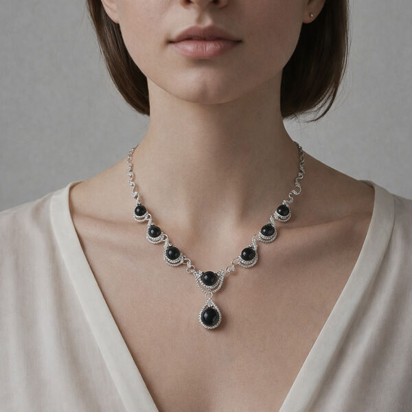 Schwarzes Obsidian, wei&szlig;es Kristall Collier, ca. 50 cm + 5 cm Extender image number 2