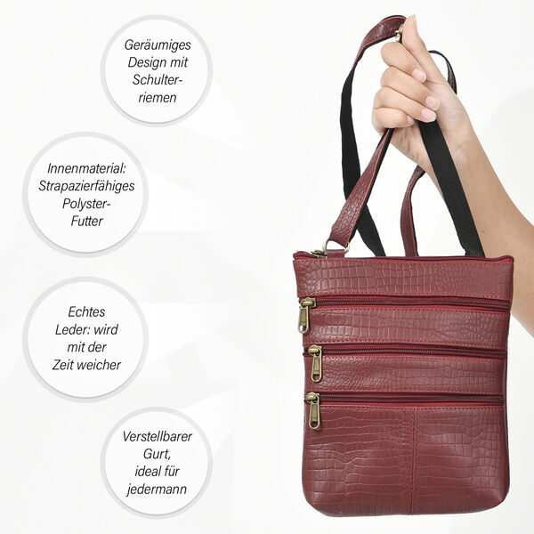 Echtleder Crossbody Tasche mit Kroko-Pr&auml;gung, Bordeaux image number 4