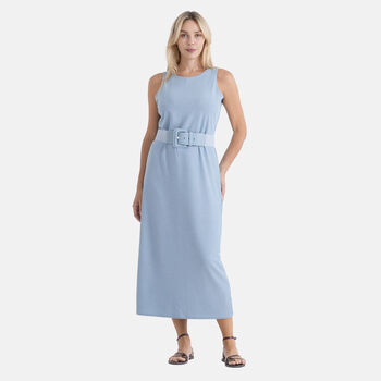 LA MAREY langes Strickkleid mit Stretchg&uuml;rtel, Einheitsgr&ouml;&szlig;e, passend f&uuml;r EU 36 bis 42, L&auml;nge 132 cm, Hellblau