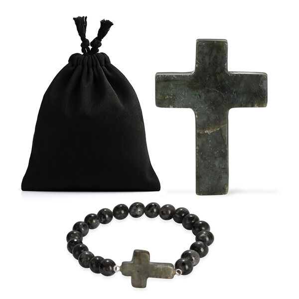 "Livmore  Set of 2 Labrodorite Gemstone Cross  With Bracelet With Cross Charm Size - 3 Inch  Weight - 46 Gm Color- Sky Blue"