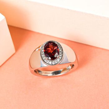 Roter Granat und wei&szlig;er Zirkon-Ring, reines Messing platiniert (Gr&ouml;&szlig;e 20.00) ca. 1,57 ct