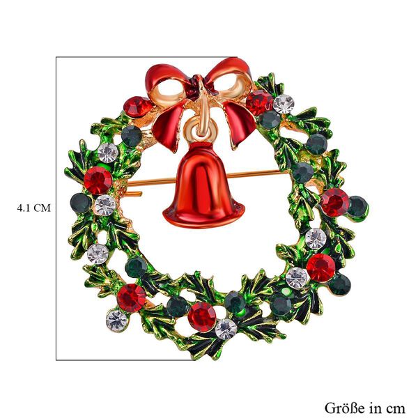 Emaillierter, mehrfarbiger Kristall-Weihnachtskranz mit Glocken-Brosche image number 5