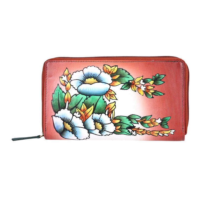 SUKRITI – handbemalte Echtleder Brieftasche, Blumenmuster blau image number 0
