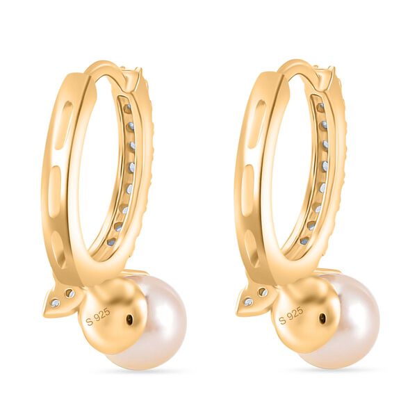 Wei&szlig;e Zirkonia und Muschelkernperle Ohrringe, 925 Silber vergoldet image number 5