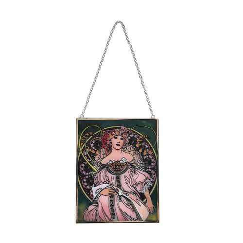 Handbemalter Glas-Sonnenfänger, Alphonse-Mucha-Motiv Frau mit Blumenornament, 12×15cm, Mehrfarbig image number 1