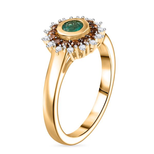 Regal Halo - D joy Kagem Sambischer Smaragd, Brauner Zirkon Ring 925 Silber 750 Gelb Vergoldet (Größe 19.00) ca. 0.70 ct image number 4