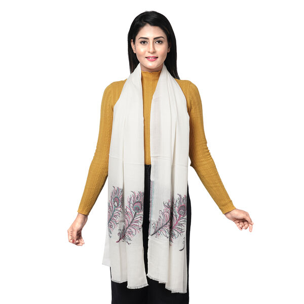 LA MAREY- 100% Kaschmirwolle Schal mit gewebten Federmotiven, Cr&egrave;me, 70x200cm image number 3