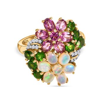 Rhodolith Granat, nat&uuml;rlicher Opal und Chromdiopsid-Ring, 925 Silber vergoldet (Gr&ouml;&szlig;e 17.00) ca. 3,24 ct