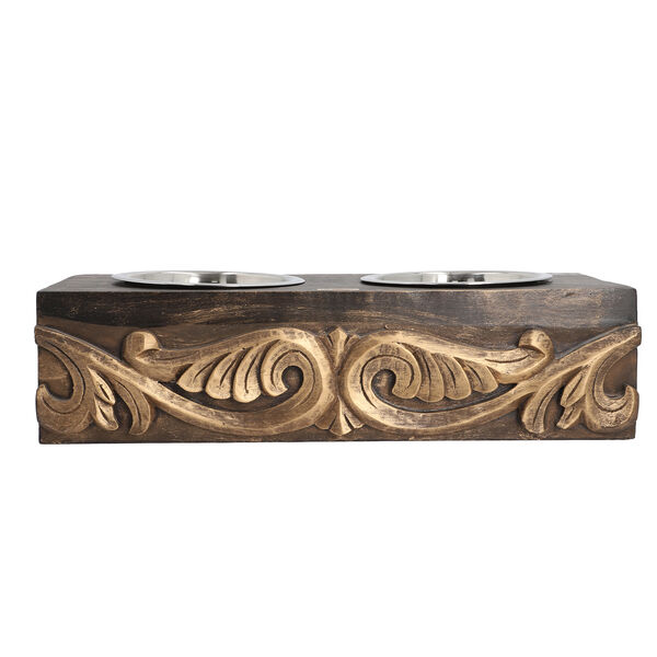 NAKKASHI - Handgeschnitzter Mangoholz Fressnapf mit Edelstahlschalen, 48x20x12,5 cm, Blumen image number 4