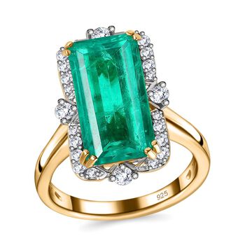 Smaragd-Quarz Triplette, Wei&szlig;er Zirkon Ring 925 Silber 750 Gelbgold Vermeil (Gr&ouml;&szlig;e 20.00) ca. 7,59 ct