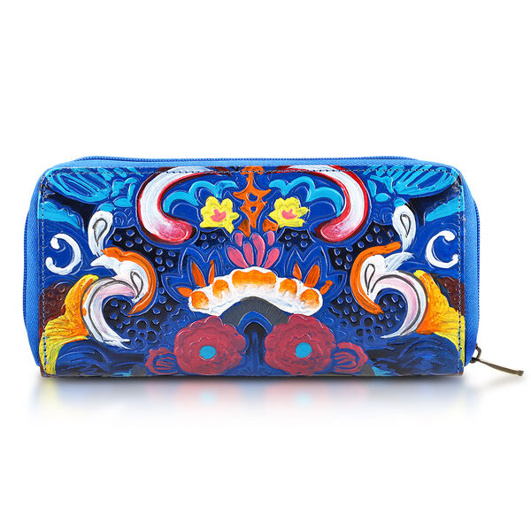 Handbemalte Leder Geldb&ouml;rse RFID, Blau, 22.8 x 2.5 x 12.7 cm
