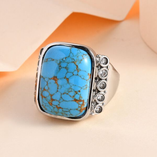Blauer Türkis, Weißer Zirkon Ring, Edelstahl, (Größe 16.00) ca. 11.72 ct image number 2