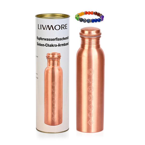 2er-Set - LIVMORE Kupfer-Trinkflasche mit 7-Chakra-Gravur (ca. 900 ml) und Armband mit Chakra-Perlen aus Edelsteinen