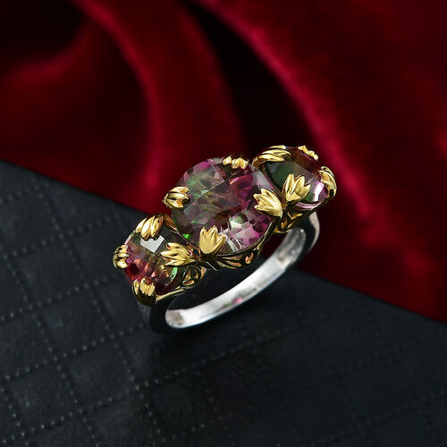 Lotus Trilogy - D joy Wassermelonen Quarz Triplette Ring, 925 Silber platiniert und vergoldet (Größe 21.00) ca. 6.96 ct image number 1