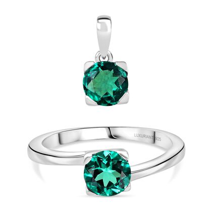 2er Set - D'Joy AAA Lab Grown Kolumbianischer Smaragd Ring und Anh&auml;nger, 925 Silber rhodiniert (Gr&ouml;&szlig;e 17.00) ca. 1.76 ct