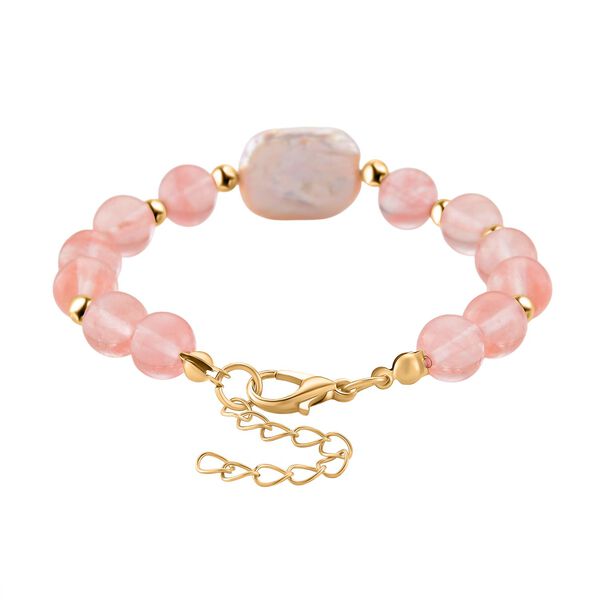 Kirsche Quarz, Weiße Keshi Perle Armband, ca. 18cm mit 5cm extender, Reine Legierung goldfarben image number 5