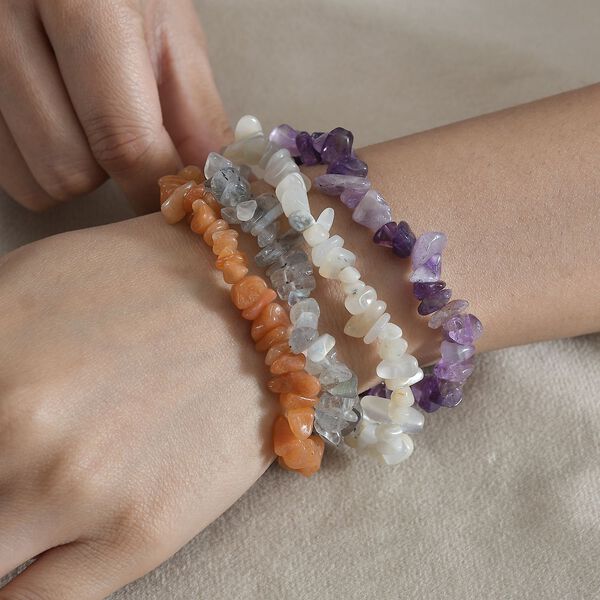 4er-Set - Flexible afrikanischer Amethyst, rote Aventurin, Labradorit und weiße Mondstein-Armbänder - 325 ct. image number 3
