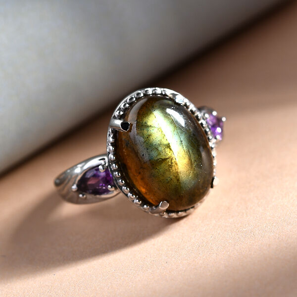 Labradorit und afrikanischer Amethyst-Ring, Edelstahl  ca. 6,39 ct image number 2