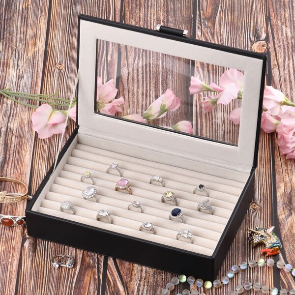 100 Steckplatz Ring Koffer mit Glas Fenster und Kunstleder Polster, 27x18x6 cm, schwarz image number 1