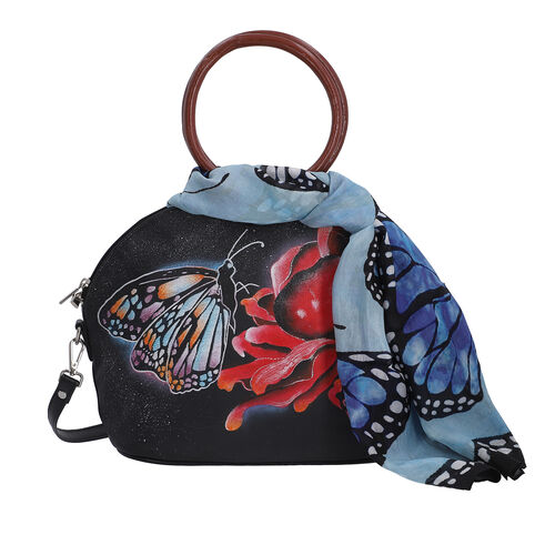 SUKRITI, Handbemalte 100% Leder Tasche mit Maulbeerseiden Schal, Schmetterling Muster, Schwarz image number 0