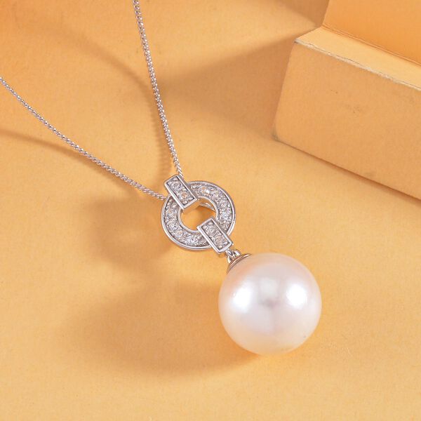 13-14mm wei&szlig;er Edison-Perle und Zirkon-Anh&auml;nger mit Kette - 0,35ct. image number 2