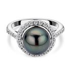 Tahiti-Zuchtperle und weißer Zirkon-Ring, (10-11 mm), 925 Silber rhodiniert (Größe 20.00)