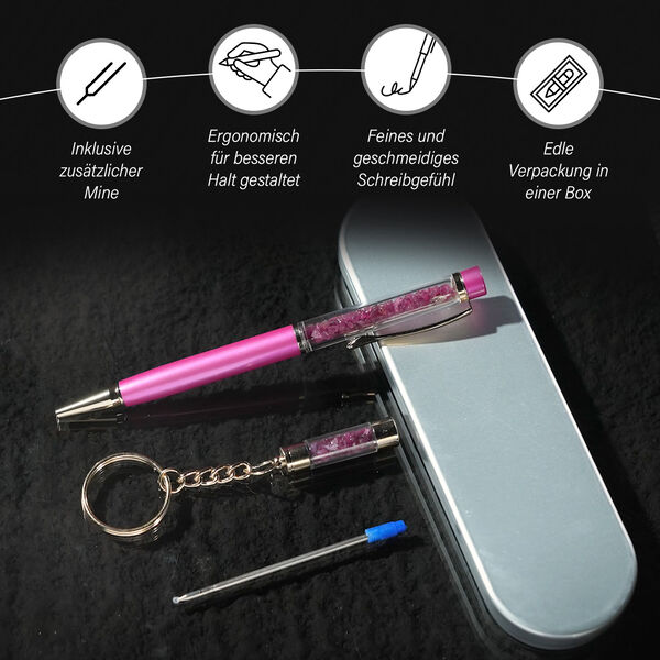 Premium Kollektion - Echter Rubin Kugelschreiber mit extra Mine und Schlüsselanhänger image number 4