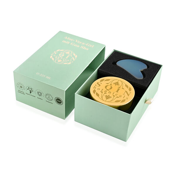 "ALOE VERA gel with Gemstone Rose quartz - 225 ml Gua Sha Size  Color - Green Box Size- 17 - x 11  x 7 cm Gua sha Dimension - 7 x 4.5 cm", " Opalite Gemstone Gua sha  Size - 7 x 4.5 cm Color- White" image number 6