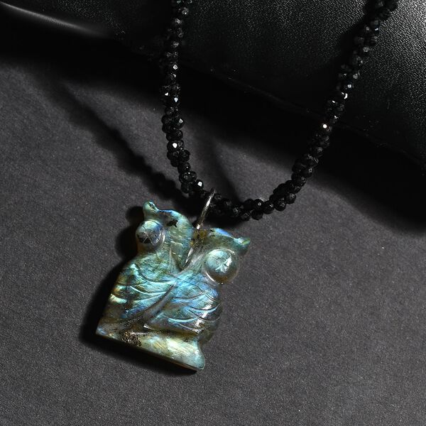 Labradorit und schwarze Spinell-Eulen-Halskette, 50 cm - 115 ct. image number 3