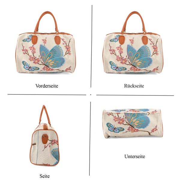 "Life style Color:White with blue butterfly print /Profile:Duffel bag wall(exterior):Polyester    Lining(interior): polyester; Pockets(exterior):Zipped-1 Pockets(interior):none Measurement:45*23*27cm         " image number 5