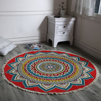 Handgewebter Teppich aus 100% Baumwolle, 150 cm Durchmesser, Mandala Rot