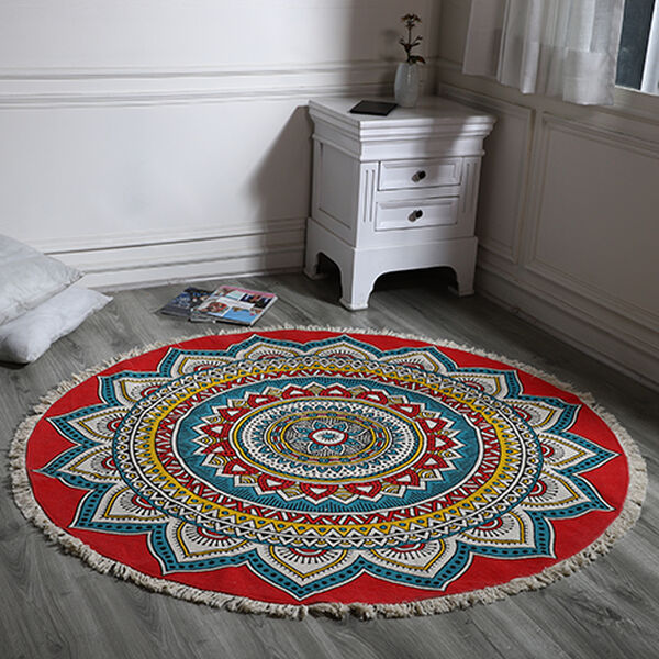 Handgewebter Teppich aus 100% Baumwolle, 150 cm Durchmesser, Mandala Rot