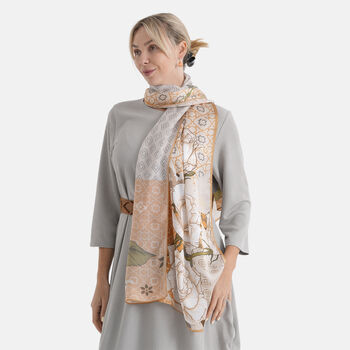 LA MAREY Signature Set mit Seidenschal und Seidentropfen-Ohrringen, 100% Maulbeerseide, 65 x 170 cm, Orange mit Wei&szlig;