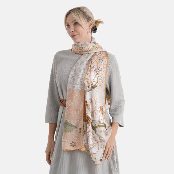 LA MAREY Signature Set mit Seidenschal und Seidentropfen-Ohrringen, 100% Maulbeerseide, 65 x 170 cm, Orange mit Wei&szlig; image number 3