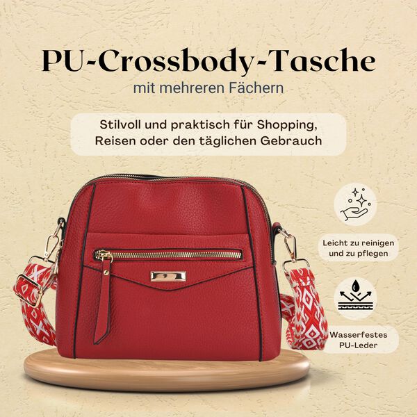 Crossbody-Tasche mit Mehrfachfächern, Kunstleder, 24 x 9,5 x 21 cm, Rot